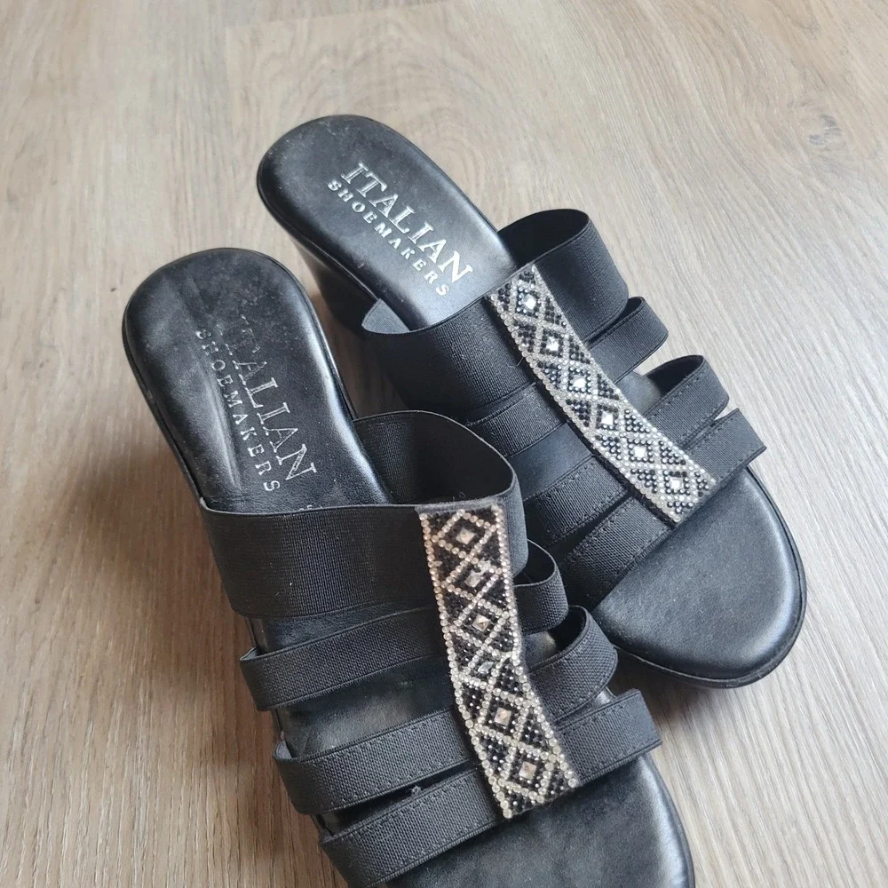 Italian Shoemakers Womens Wedge Sandals 8 Black Rhinestone Elastic Frankie Slide